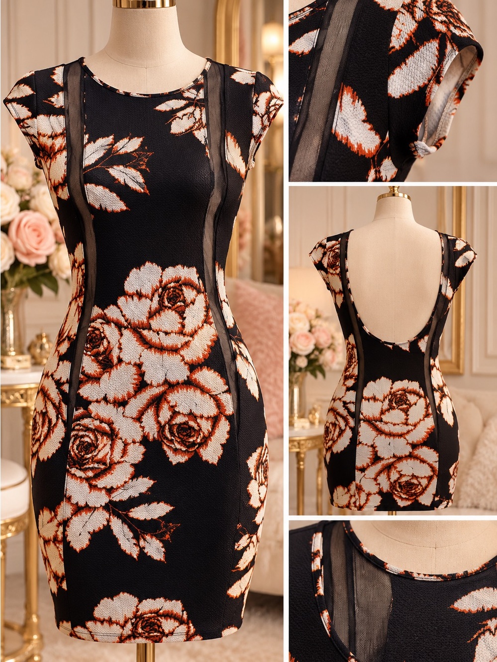 Black Floral Bodycon Mini Dress Sheer Mesh Open Back Size S